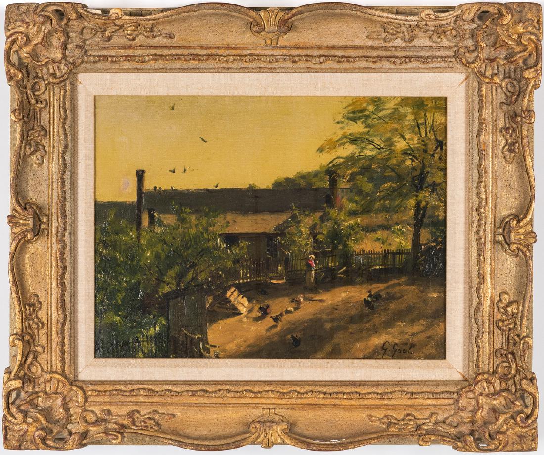 Gilbert Gaul O/C, TN Farmyard, Exhibited: Gilbert Gaul (New York/Tennessee/New Jersey, 1855-1919) oil on board landscape painting, depicting a woman standing in a Tennessee farmyard with chickens at her feet, a cottage in the background. Sign