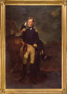 Andrew Jackson Portrait attrib. Leutze: Large oil on canvas historical portrait of President Andrew Jackson (1767-1845), after the 1820 full-length portrait by John Vanderlyn. Attributed to historical genre painter Emanuel Gottlieb Leutze