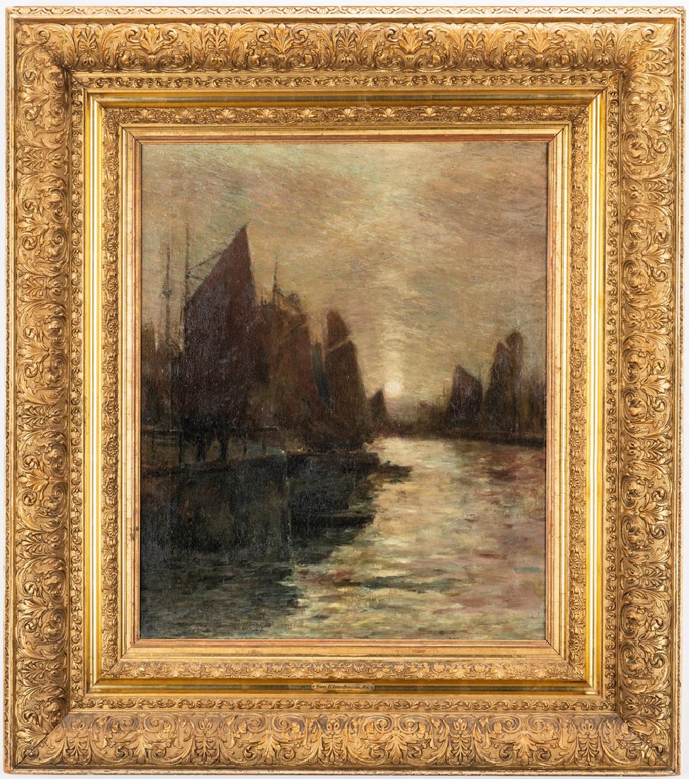 George Elmer Browne, O/C "Along the Docks": George Elmer Browne (Massachusetts, Connecticut, 1871-1946) oil on canvas impressionist painting titled "Along the Docks," depicting a night time harbor scene with two figures standing at a railing on