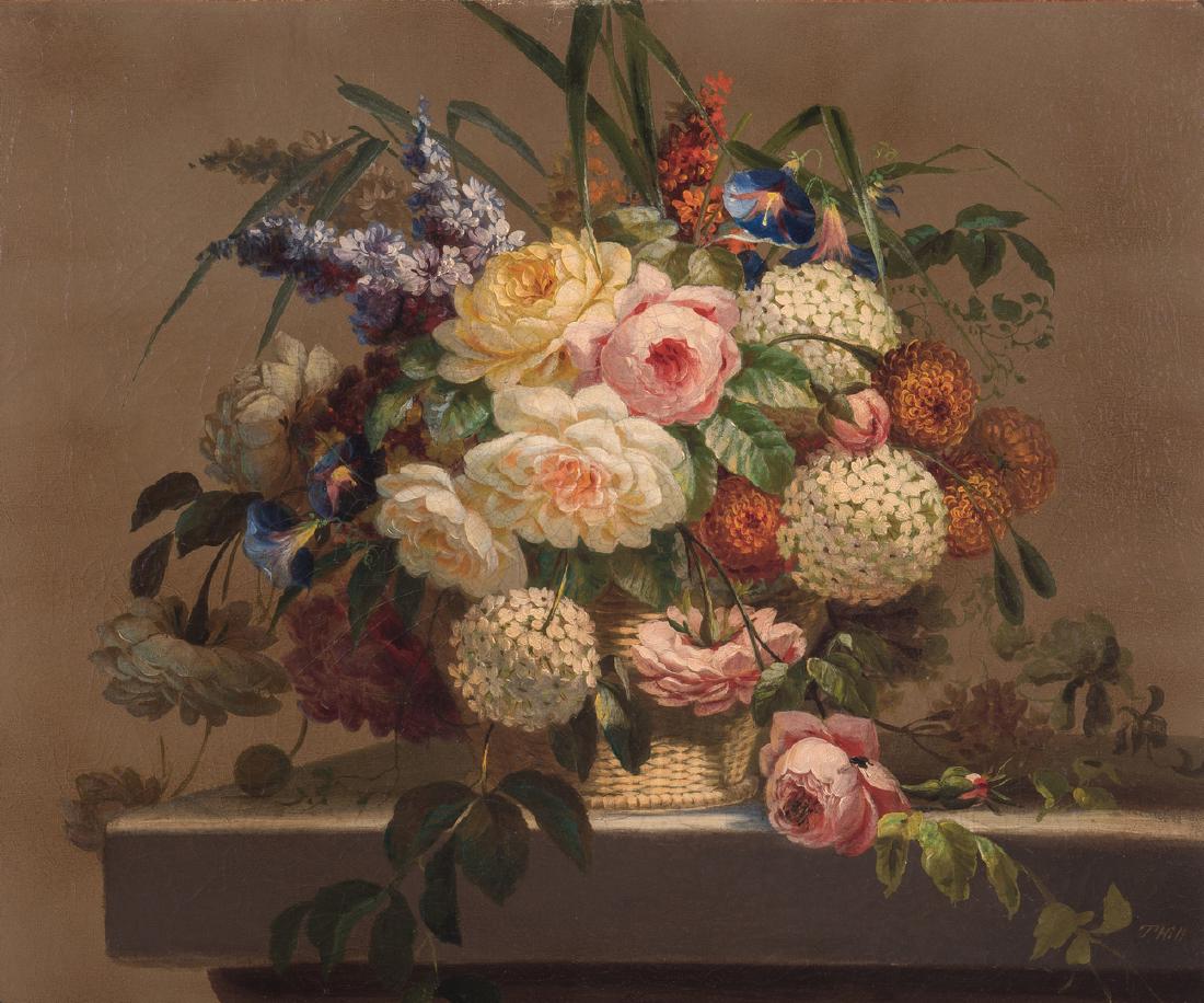 Thomas Hill O/C Still Life, Flowers with Fly: Thomas Hill (California/Massachusetts, 1829-1908) oil on canvas still life painting depicting a wicker basket of flowers, sitting on a tabletop; a house fly is perched atop a rose which has fallen to