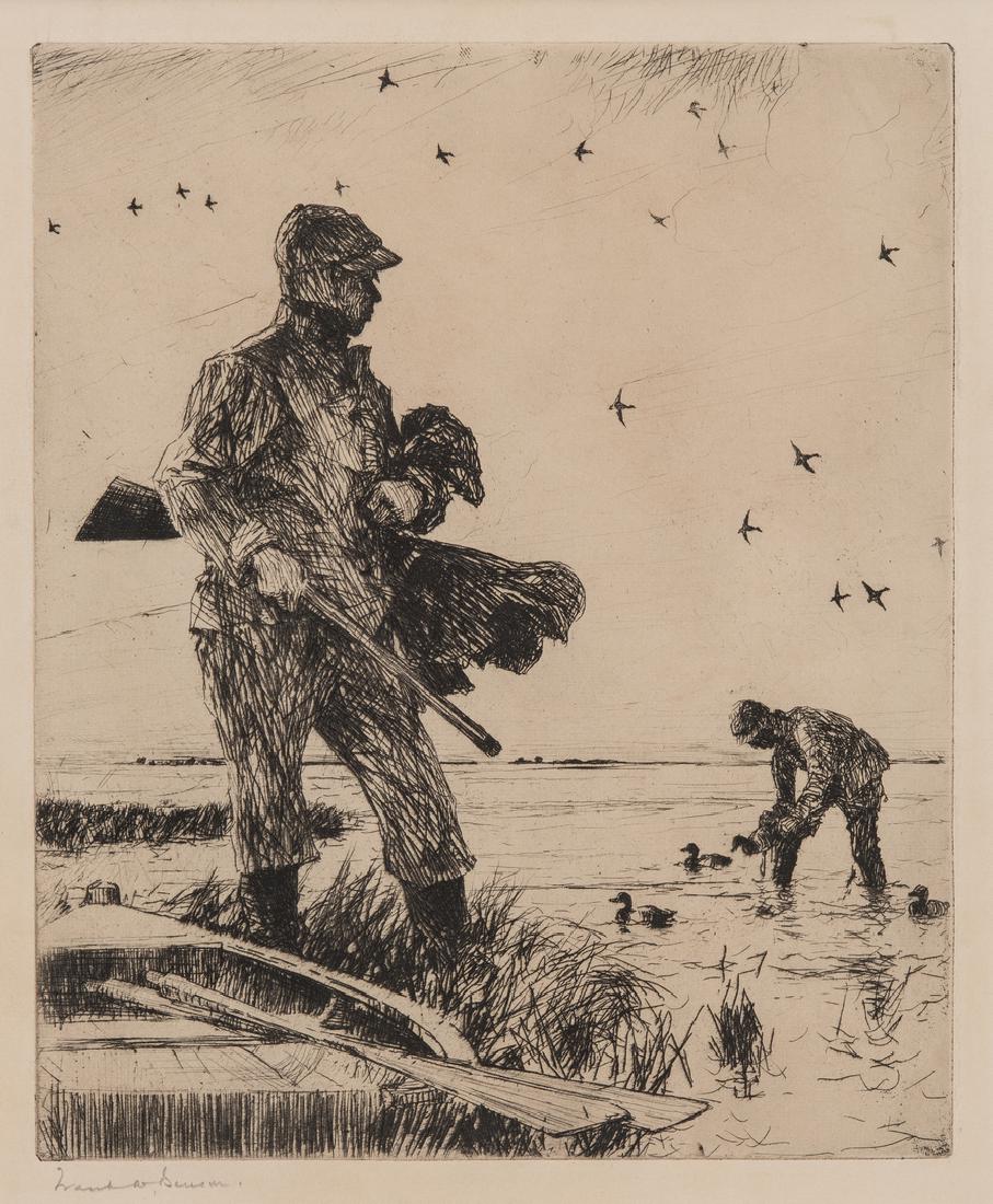 Frank W. Benson Etching, "Winter Wild Fowling": Frank Weston Benson (American, 1862-1951) etching on paper titled "Winter Wild Fowling" depicting two duck hunters placing decoys to prepare for the hunt with ducks flying overhead. Pencil signed lowe