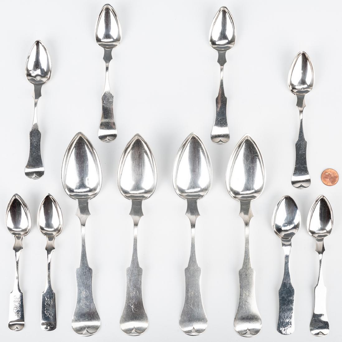 12 pcs Southern Coin Silver incl. TN: Twelve (12) Southern coin silver spoons including Kentucky and Tennessee. 1st -2nd items: Two (2) teaspoons marked for J. W. Ruth (John Wesley Ruth, 1839-1901, working Shelbyville, TN mid to late 19th