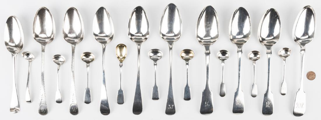 19 sterling spoons incl. Bateman, Geo. II, etc.: 19 sterling tablespoons and condiment spoons. Tablespoon makers and marks include WS (possibly William Soame), London 1733; 2 John Lamb, London 1782 (bright -cut decoration); 2 Peter and Ann Bateman, 