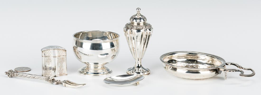 5 Sterling Novelties incl. Peppermint Box: Five (5) Silver Novelties including Dutch Peppermint Box, English Cayenne Pepper Pot, Scottish Citrus Strainer, Traveling spoon/fork, and small footed bowl. 1st item: Dutch silver bombe form peppermin