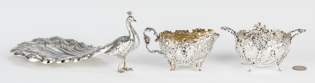 Silver Peacock Dish, Billiard Trophy and Sugar Bowl: Sterling Silver Peacock Dish, Billiard Trophy creamer, and Sugar Bowl, 3 items total. 1st item: Durgin figural peacock dish in form of standing peacock with tail feathers spread out, maker's mark "D",