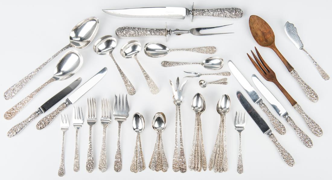52 Pcs Repousse Sterling Flatware incl. Kirk: Group Kirk Steiff and other flatware, Repousse pattern, including several serving pieces. Group includes 5 dinner knives (8 3/4"), 1 fork (7 1/4"), 4 forks (7"), 10 teaspoons (mark unidentified), 12 i