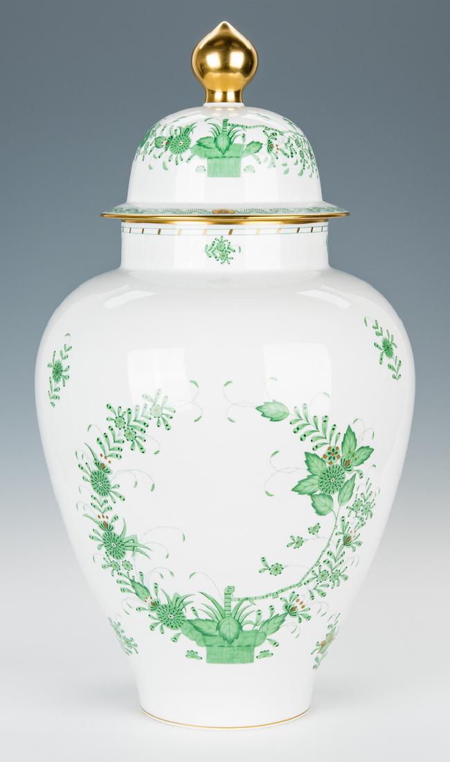Large Herend Porcelain Lidded Urn, Chinese Bouquet: Large Herend porcelain covered urn or jar, ginger jar form in the green Chinese Bouquet pattern, the lid with large gilt finial. Blue Herend stamp mark and numbered on the base. 22 1/2" H x approx. 12