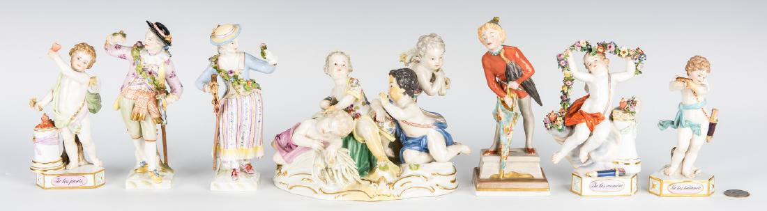 7 Porcelain Figurines, incl. Meissen, Royal Copenhagen: Seven (7) Porcelain figurines including Meissen, KPM and Royal Copenhagen. 1st-3rd items: Three (3) Meissen porcelain cupid figurines, allegorical of love, titled "Te Les Ramene", "Te Les Punis", and