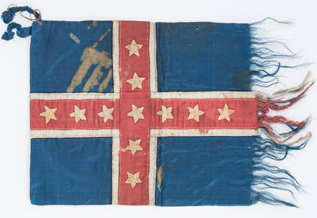 Battle of Shiloh Polk Pattern Bible Flag, S.D.J. Lewis: Battle of Shiloh, Major General Leonidas Polk pattern personal/bible flag, presented to S. Duff J. Lewis, 12th Battalion, Tennessee Cavalry. Flag comprised of machine sewn appliqued red and white silk