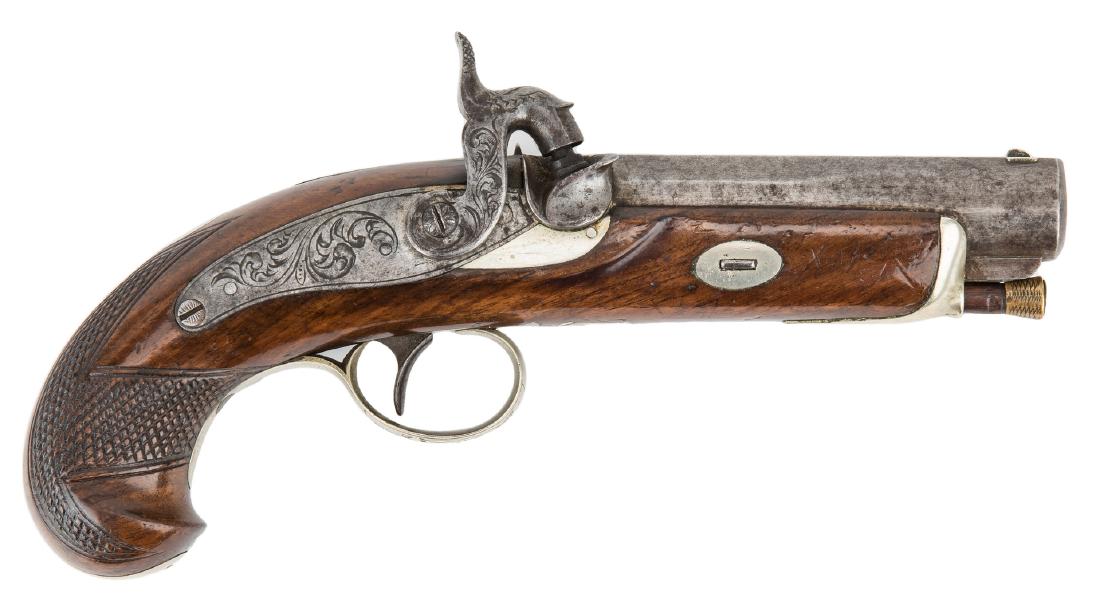 Agent Marked C. Suter Selma AL Derringer, .45 cal.: Scarce Suter, Selma ALA Agent Marked Derringer in Original Condition. Marked Casper Suter Derringer, manufactured by Wurfflein, .45 caliber. Top of barrel marked "C. Suter Selma Ala". Checkered Americ