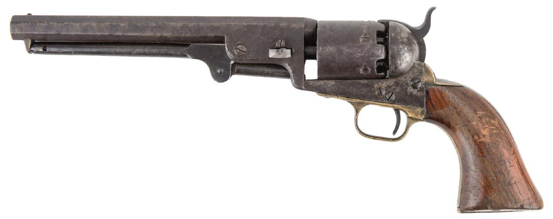 Colt Model 1851 Navy Revolver, .36 Caliber: Colt Model 1851 Navy revolver, .36 caliber, serial number 20789, all visible serial numbers matching. Barrel marked "Address Saml Colt New York City", frame under cylinder marked "Colts Patent". Walnu