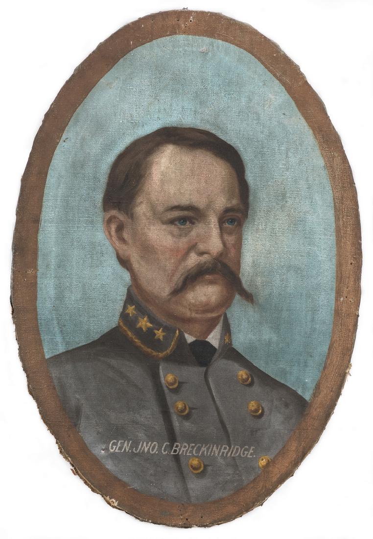Lawrence Thompson Dickinson O/C, General J. C.: Lawrence Thompson Dickinson (Maryland/Tennessee, b. 1843) oval oil on canvas portrait, titled "Gen. Jno. C. Brekinridge" (sic). Depicts the Confederate States of America Major General John Cabell Brec