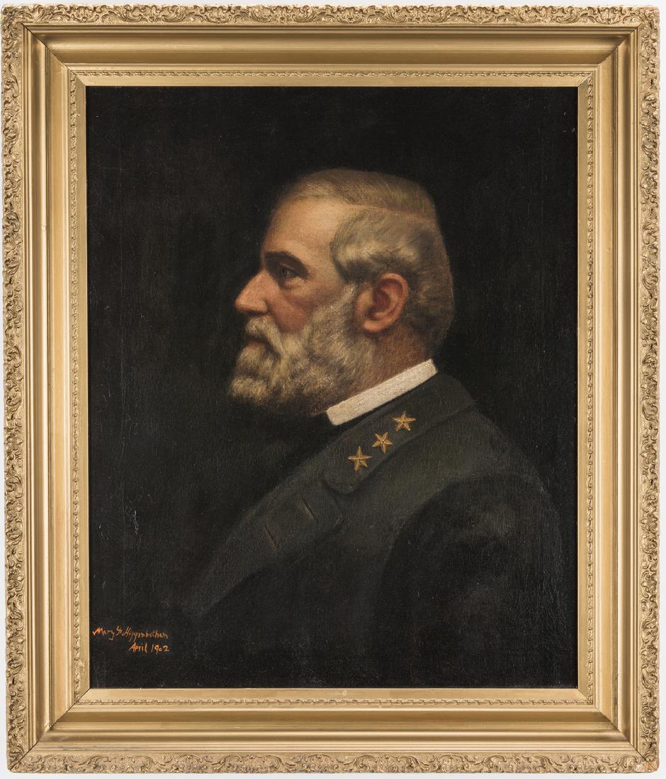 Robert E. Lee Portrait, c. 1902, oil on canvas: Oil on canvas bust length portrait of Robert E. Lee, after a photograph attributed to Matthew Brady; the Confederate general is depicted in profile, wearing his uniform, with white hair and beard. Sig