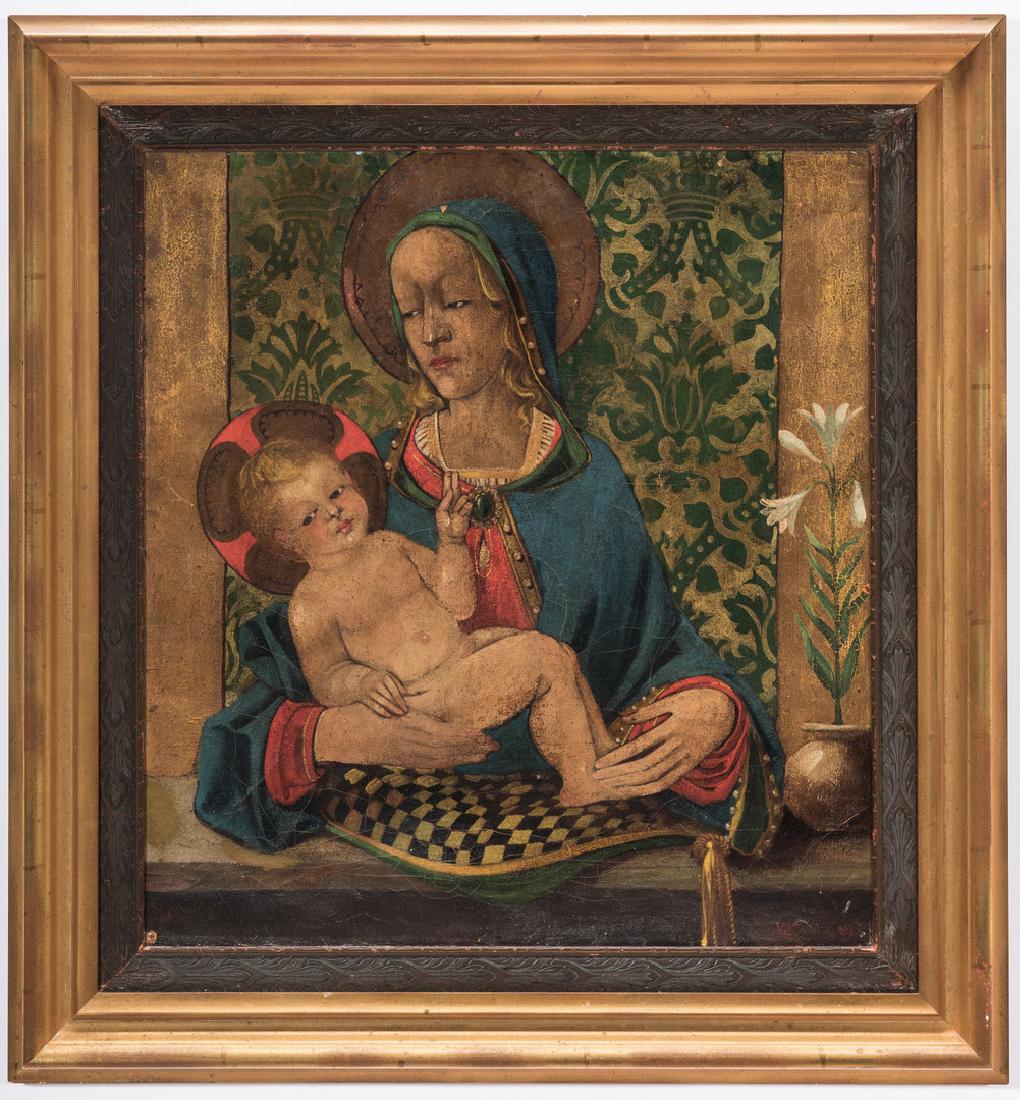 European School O/C, Madonna & Child, V. Cortes: Continental school, Madonna and Child oil on canvas painting depicting the Madonna attired in a blue robe holding the Christ child on a pillow against a patterned background, with a potted white Easte