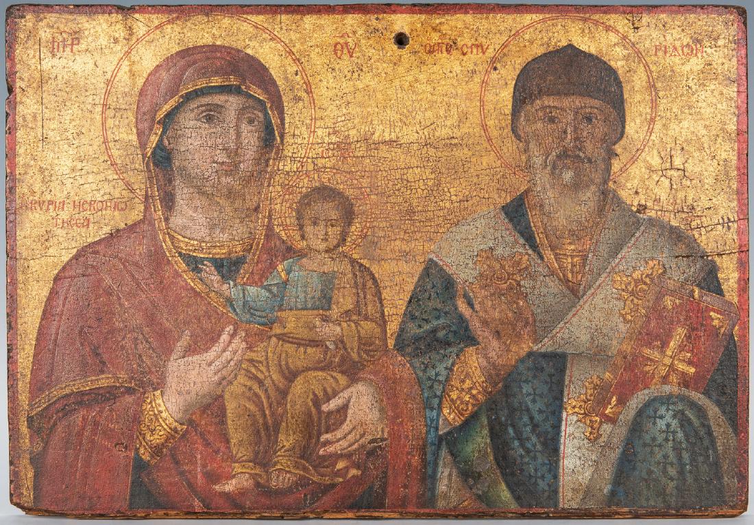 Russian Greek Orthodox Icon, tempera on panel: Russian Greek Orthodox Icon, tempera on wood panel, depicting the Madonna and Child with male Saint, Cyrillic inscriptions above their heads. Label en verso identifies figures as Madonna of Skopiotiss