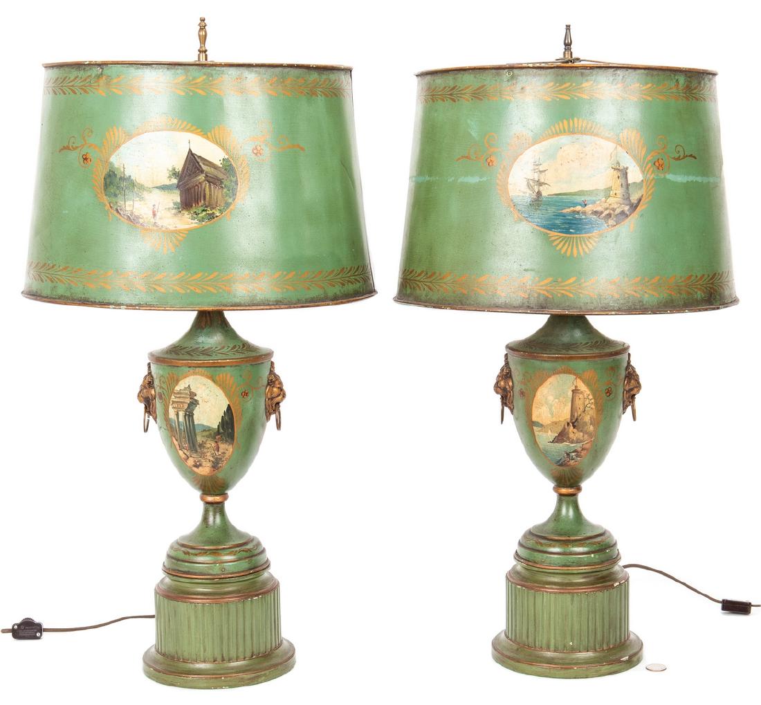 Pair French Green Tole Lamps Jan 26 PAIR OF COLUMNAL GREEN GLASS TABLE LAMPS
