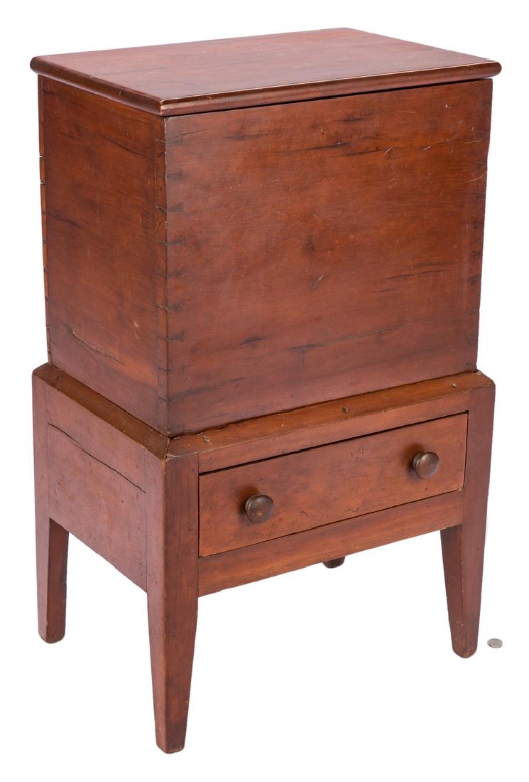 Hepplewhite Style Sugar Chest: Diminutive Southern Hepplewhite style cherry sugar chest, poplar and other mixed secondary woods. Comprised of 19th and 20th century elements. Dovetailed case with hinged rectangular top, resting in a