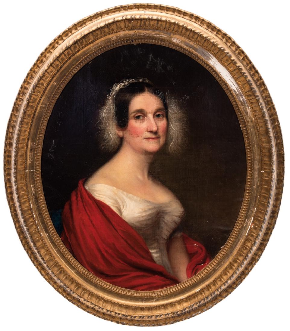 Portrait of Julia Wingate Clapp, attr. Badger: Early 19th century American oval oil on canvas portrait of Julia Octavia Wingate Clapp, attributed to Joseph W. Badger (New York, mid-19th century). Subject is attired in an off the shoulder white dre