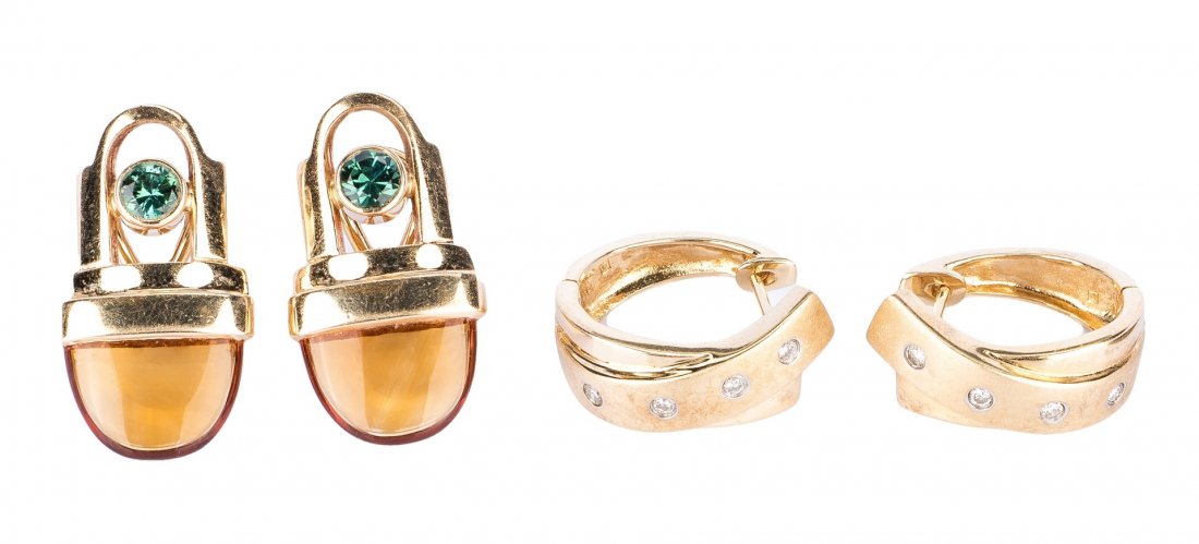 2 Pr Designer Earrings incl. Piaget: Two (2) pairs of 14K designer gemstone earrings. 1st item: Pair of 14K yellow gold Piaget Possession diamond hoop earrings, satin and bright gold with inset diamonds, maker's mark "P", 585, 14K inside
