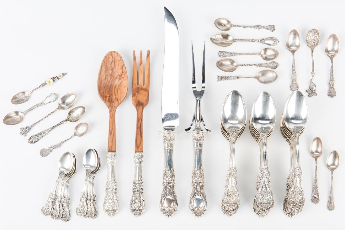 Reed & Barton Francis I Sterling Flatware plus souvenir: Francis I sterling flatware and assorted souvenir spoons. 1st group: 39 pieces Reed & Barton Francis I pattern sterling silver flatware including 11 demitasse spoons, 24 dessert/oval soup spoons (all