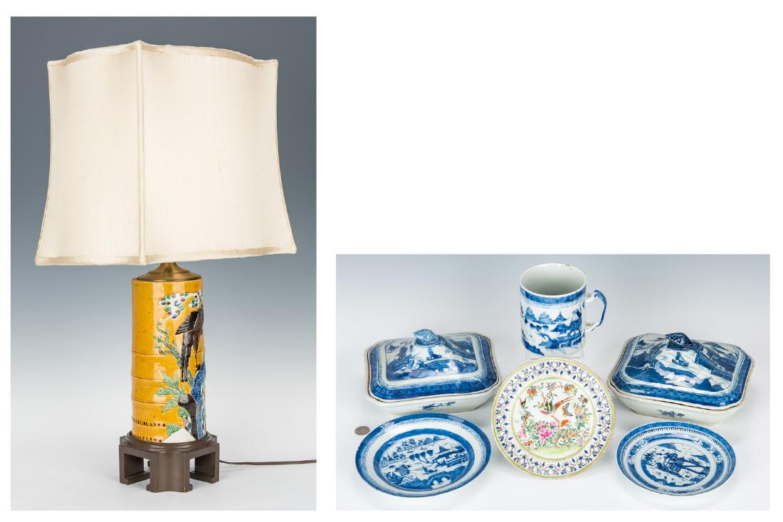 6 pcs. Chinese Export Porcelain & 1 Hat Stand Lamp, 7: Six (6) Chinese Export Porcelain pieces and one (1) Hat Stand, now mounted as a Lamp, 7 items total. 1st item: Chinese earthenware hat stand, ochre ground decorated with falcon perched on rocks, with 