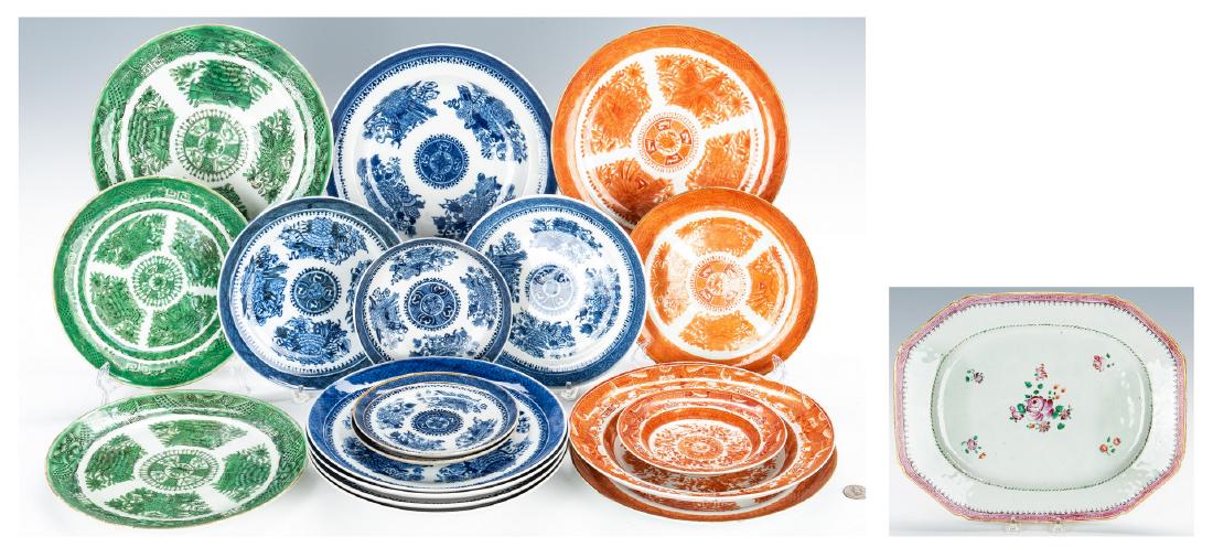 19 Pcs. Export Porcelain, mostly Fitzhugh: Nineteen (19) pieces Chinese Export porcelain, including orange, green, and blue Fitzhugh pattern and one Famille Rose platter. Includes three (3) dinner plates and two (2) saucers in the orange "Fitz