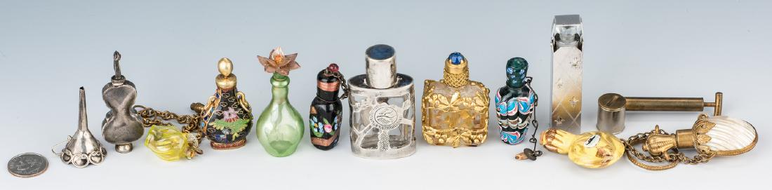 13 Miniature Perfume Bottles, incl. Sterling Silver: Assortment of thirteen (13) miniature and novelty perfume bottles, including one (1) sterling silver violin bottle stamped ".925" with maker's marks; one (1) sterling silver scent bottle holder with f