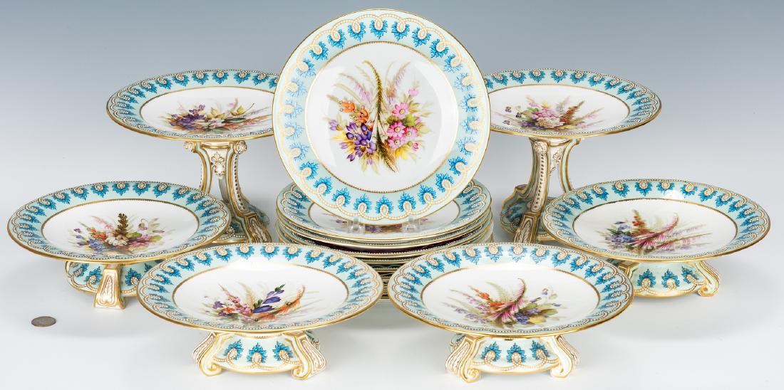 Royal Worcester Botanical Dessert Service, 16 pcs.: English Royal Worcester porcelain dessert service, consisting of ten (10) plates, four (4) tazzas and two (2) tall pedestal servers. Each piece with hand painted floral vignettes and beaded enameled a