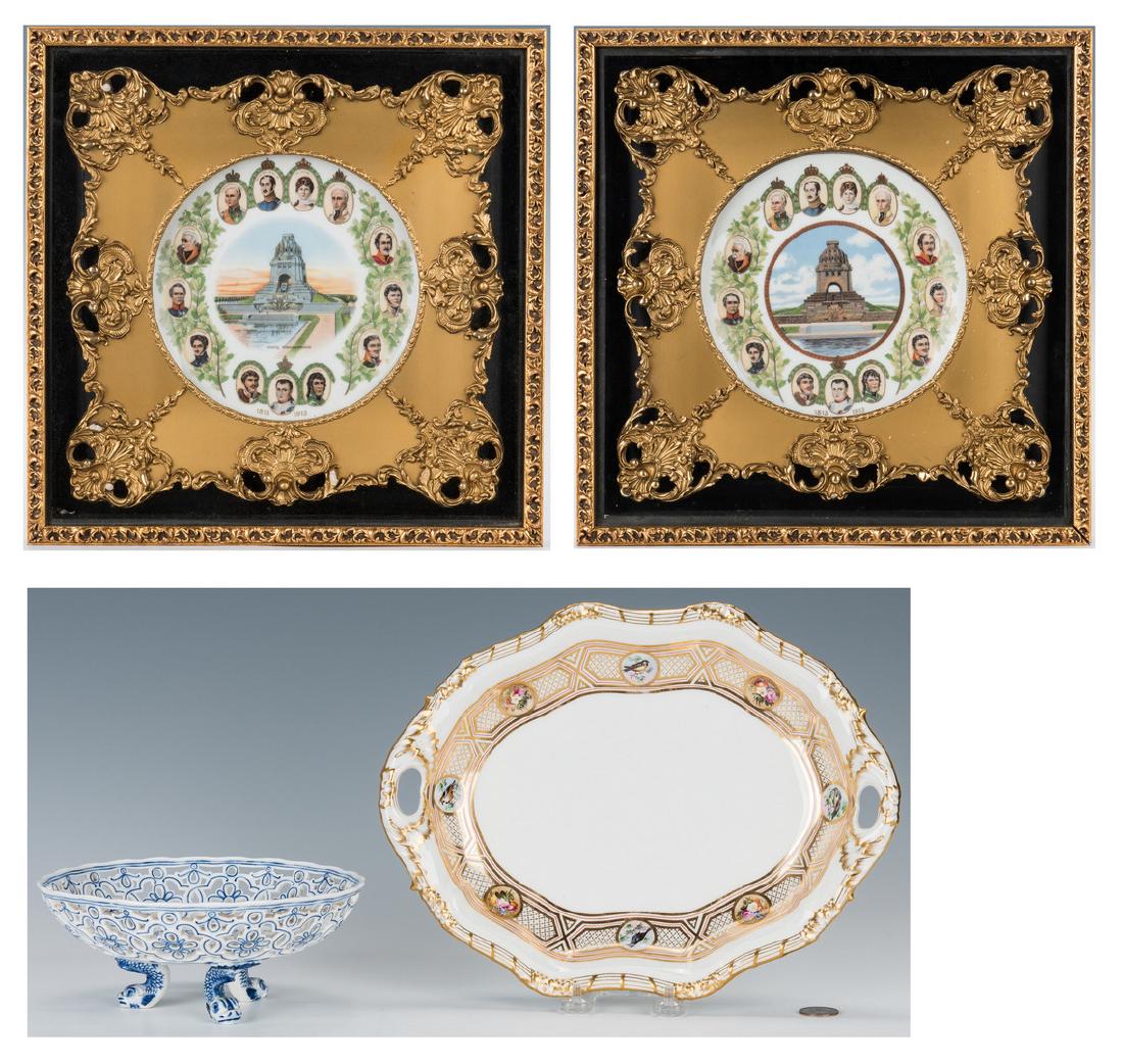 KPM, Meissen plus 2 Framed Napoleonic Interest Cabinet: Four (4) German Porcelain Items, including KPM & Meissen, plus two 1913 porcelain plates commemorating the opening of the Monument to the site of Napoleon's defeat in Germany. 1st and 2nd items: Two (
