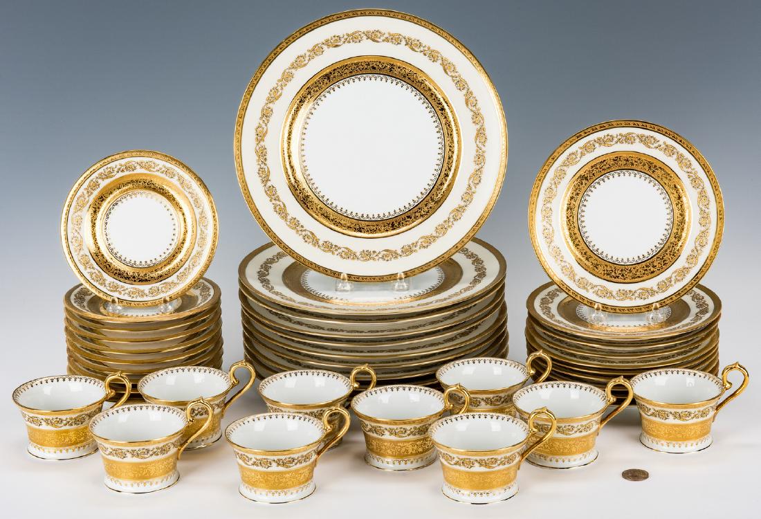 Ceralene Imperiale Dinnerware, 30 Pcs.: Set of thirty (30) Limoges Ceralene Imperiale pattern gilt encrusted porcelain dinnerware items including ten (10) dinner plates, ten (10) salad plates and ten (10) tea/coffee cups with saucers. Dinne