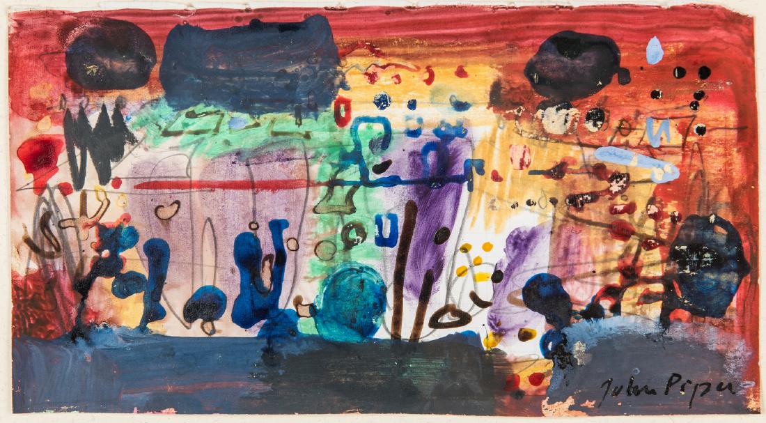 John Piper Mixed Media Abstract: John Egerton Christmas Piper (Illinois/United Kingdom, 1903-1992) mixed media abstract painting, watercolor and gouche on grid paper, signed lower right "John Piper". Adhered en verso is a note from t