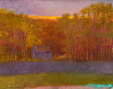 Wolf Kahn Oil on Canvas Landscape, Glow on the Ridge: Wolf Kahn (New York/Vermont, born 1927) oil on canvas painting, "Glow on the Ridge," colorful landscape depicting a cabin set amid fiery yellow and orange trees, with a purple and yellow sunset overhe