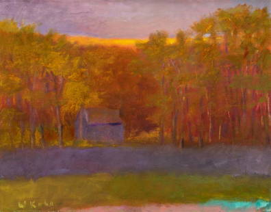 Wolf Kahn Oil on Canvas Landscape, Glow on the Ridge: Wolf Kahn (New York/Vermont, born 1927) oil on canvas painting, "Glow on the Ridge," colorful landscape depicting a cabin set amid fiery yellow and orange trees, with a purple and yellow sunset overhe