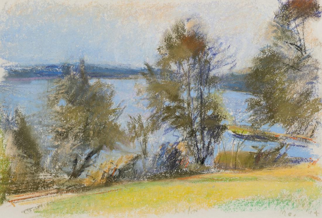 Wolf Kahn Pastel Landscape, Phippsburg, Maine: Wolf Kahn (New York/Vermont/Germany, b. 1927) pastel on paper landscape titled "Near Phippsburg, Maine", depicting a tree lined lake with bright green grass in the foreground. Signed lower mid-margin