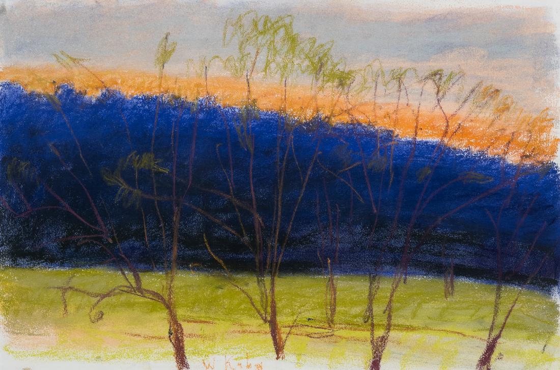 Wolf Kahn pastel, "Evening Breeze": Wolf Kahn (New York/Vermont/Germany, b. 1927) pastel on Somerset paper landscape titled "Evening Breeze," vividly depicting nearly bare treetops set against a violet and orange sky. Signed lower cente