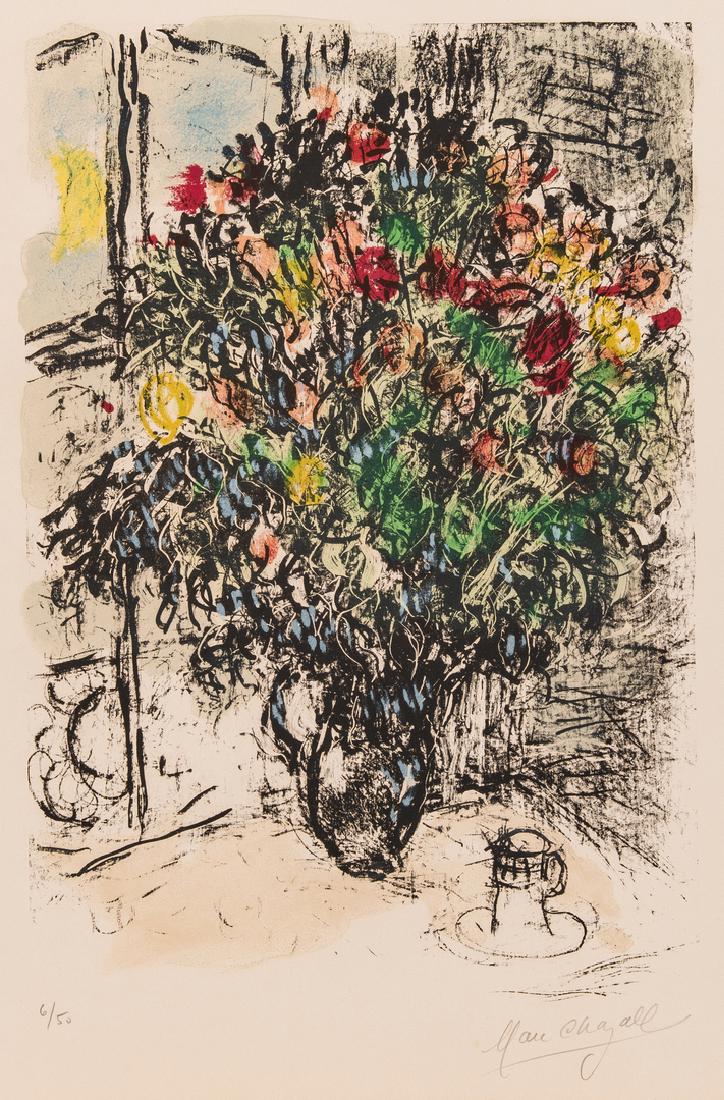 Marc Chagall Limited Edition Lithograph, The Red: Marc Chagall (Russian/French, 1887-1986) limited edition color lithograph titled "The Red Bouquet (Le Bouquet Rouge)" depicting a large bouquet of flowers resting on a table by a window, with sun in t