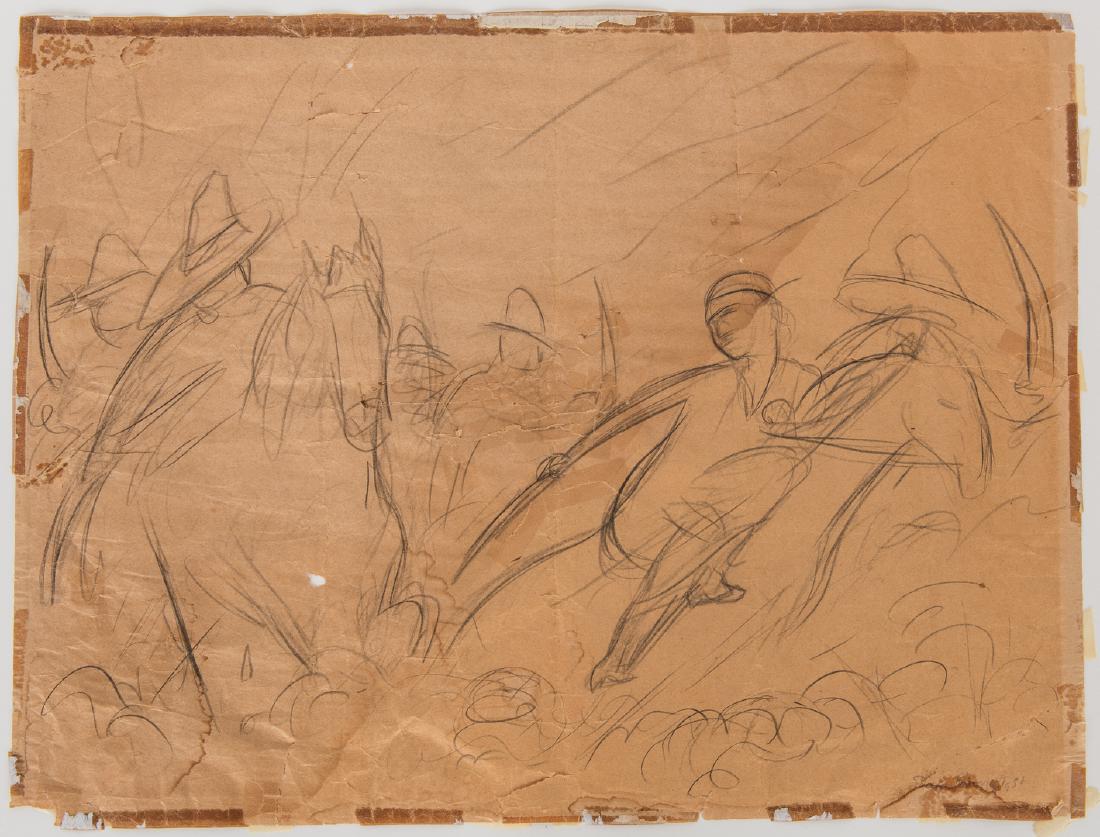 Diego Rivera Drawing, study for a mural: Diego Rivera (Mexican, active United States), 1886-1957) charcoal or chalk on wove paper sketch titled "Banditos", depicting figures on horseback, in motion. Graphite signature lower right. Hinge moun