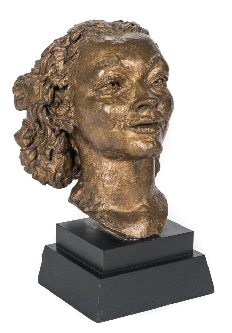 Jacob Epstein Bronze Head and Book: Sir Jacob Epstein (New York/England, 1880-1959) bronze portrait sculpture of the head of dancer Pola Nerenska. Mounted atop a stepped ebonized base with a "Do Not Remove" label for Seattle Internation