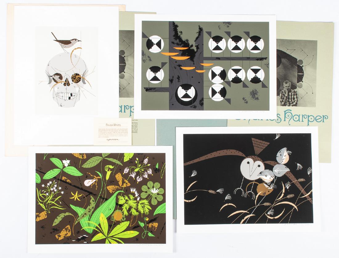 4 Charley Harper Serigraphs. incl. Partial Portfolio &: Four (4) Charley Harper (Ohio/West Virginia, 1922-2007) serigraphs on paper, including partial portfolio and "House Wrens". 1st-3rd items: Partial portfolio of three (3) serigraphs on paper titled "A