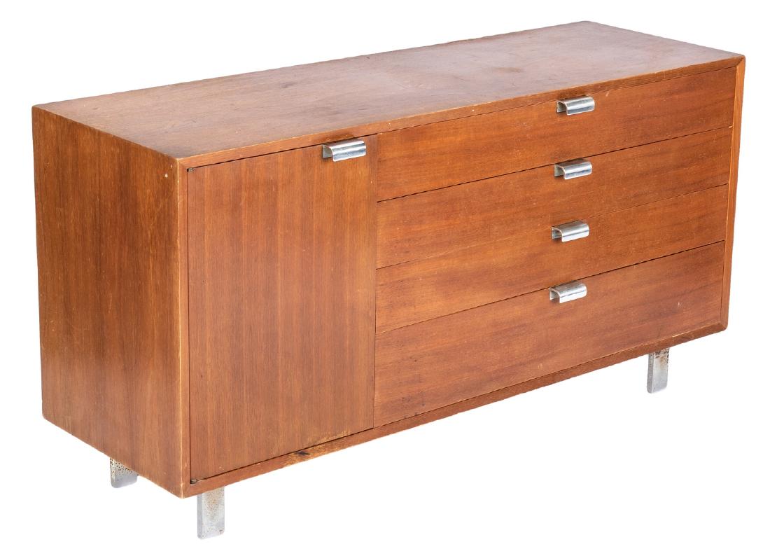 George Nelson/Herman Miller Chest: Mid-Century Modern George Nelson/Herman Miller chest, walnut, four dovetailed drawers and one cabinet with two adjustable shelves, all with chrome pulls and supported by chrome block supports. Marked 