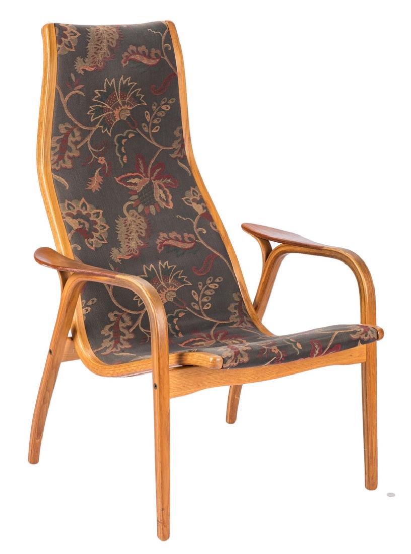 Yngve Ekstrom Lamino Lounge Chair: Yngve Ekstrom (Swedish, 1913-1988) mid century modern "Lamino" lounge chair or armchair, teak and oak with newer floral damask upholstery, ergonomic curved high back, paddle style armrests with curved