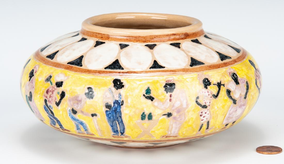 Shearwater Art Pottery Jar, Mac Anderson: Shearwater Art Pottery low jar, by James McConnell "Mac" Anderson (Mississippi, 1907-1998) glazed in colors of yellow, white, black pink, blue and brown with a central frieze or band of African Americ