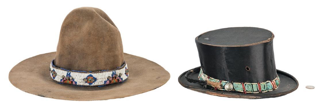 2 Western Hats w/ Native American Beaded Bands: Two (2) Western Hats with Native American beaded bands. 1st item: Indian Reservation Hat comprised of tan leather, conical crown and a five inch brim with a Plains geometric beaded and mirrored hat ba