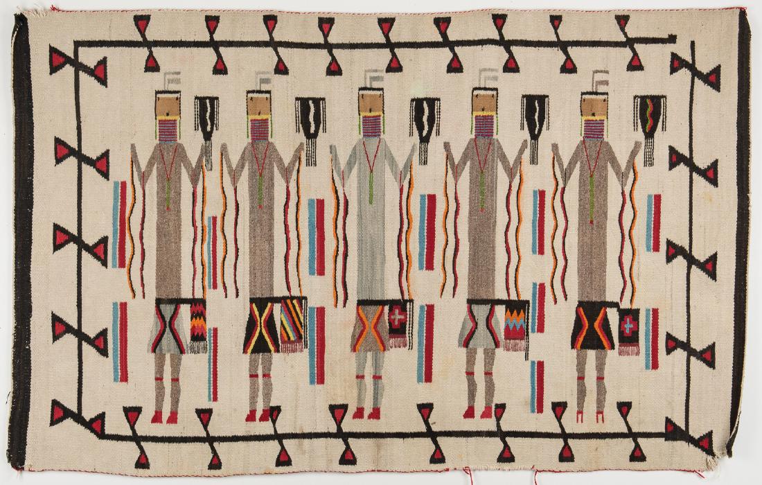 Navajo Yei Rug, 5.8 x 3.6, circa 1940: Navajo Yei area wool rug weaving, 70" x 43 1/2", depicting five Yei females with ceremonial sashes. Red and black kite border. Cream field and secondary colors of light green, taupe, grey, red and bro