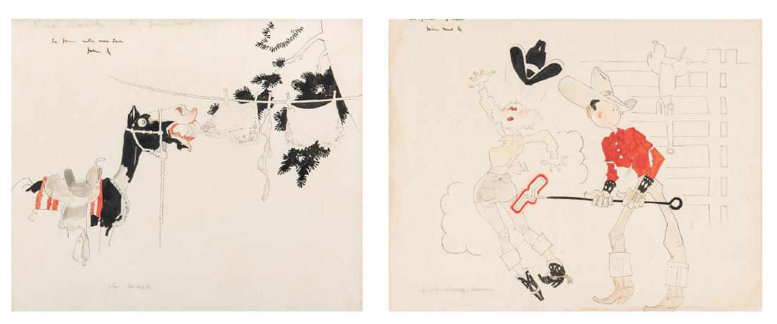 2 John Held Cowboy Cartoons: Two (2) John Held, Jr. (American, 1889-1958) Cowboy related original cartoon illustrations, ink, graphite and red and black watercolor, titled "Branding Iron" and "Dude Ranch". Each with illegible ins