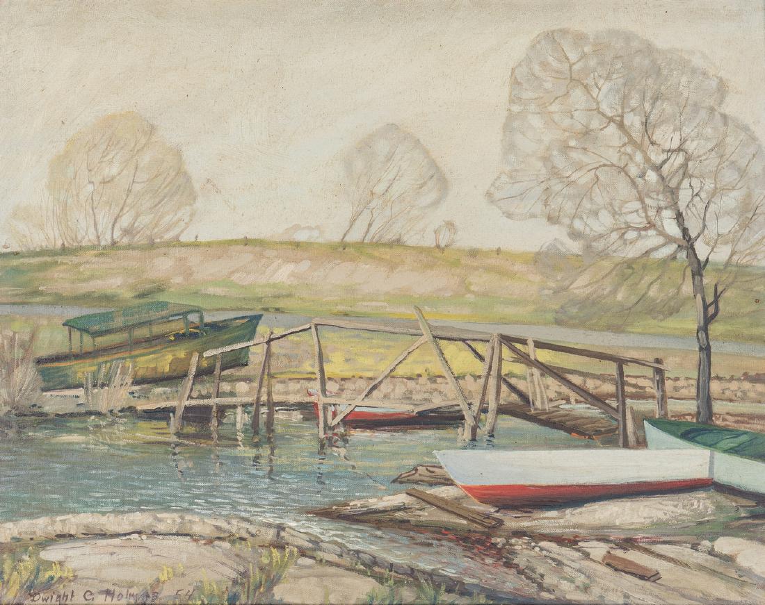 Dwight Holmes Oil Landscape, Bridge & Boats: Dwight Clay Holmes (Texas/California, 1900-1986) oil on canvasboard landscape depicting a bridge over a river or tributary, with boats nearby, and hill and trees in the background. Signed and dated "D