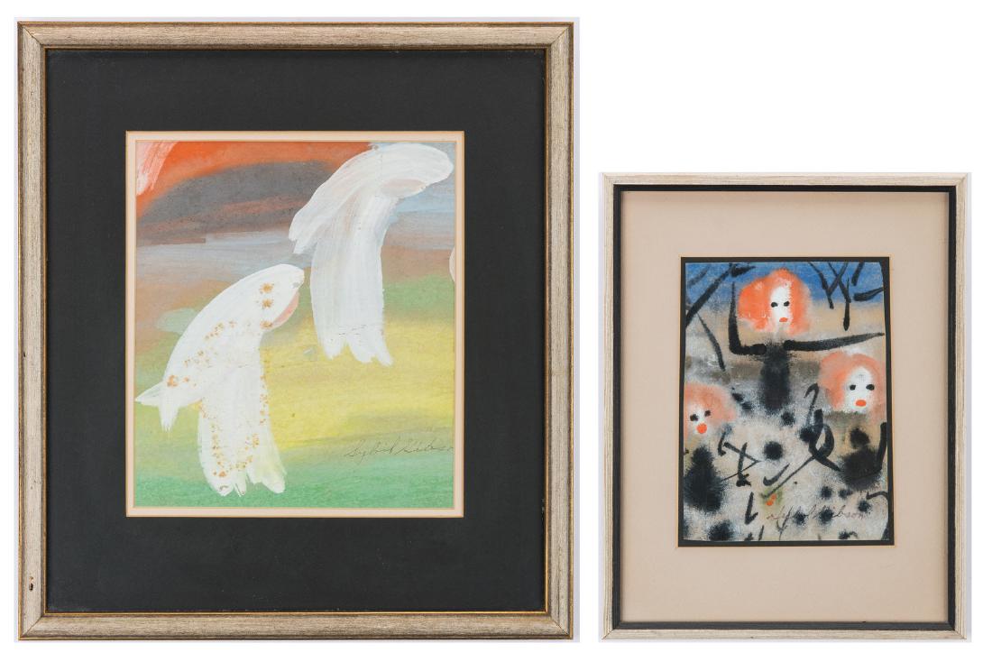 2 Sybil Gibson Outsider Art Paintings: Two (2) Sybil Gibson (Alabama, 1908-1995) outsider art paintings. 1st item: Pastel on paper painting depicting two white doves against a multicolored background. Signed lower right. Matted and housed 