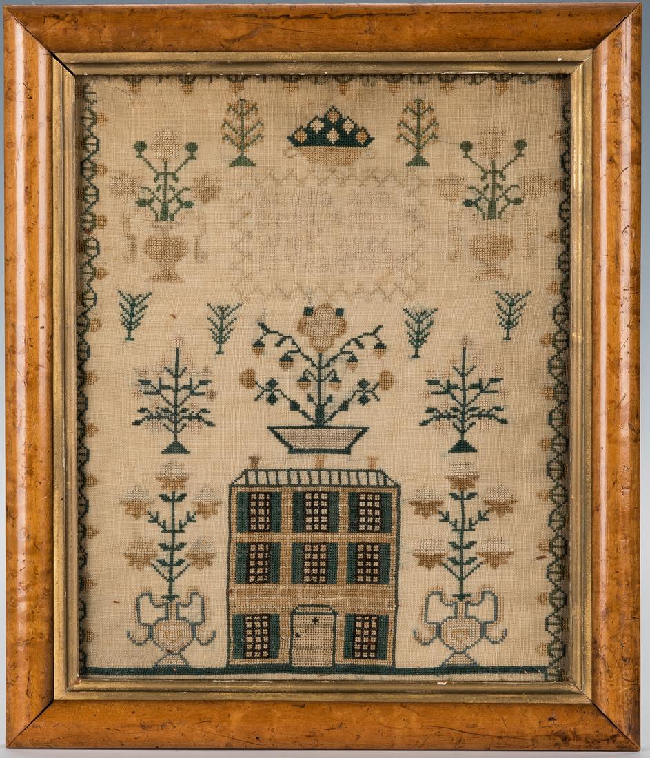 House Sampler, Attrib. to New Jersey: 1848 needlework house sampler stitched by Amelia Ann Hendy, aged 13 years, attributed to New Jersey, silk on linen, flower vine border or fence to three sides, base of green below three-story gold bri