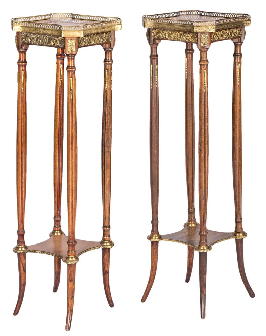 Pair Louis XVI style Marble top Stands: Pair of Louis XVI style marble top fruitwood plant stands with shaped rose veined marble tops and brass gallery, brass ormolu mounts, tall fluted legs, shaped lower shelf with brass caps and flared fe