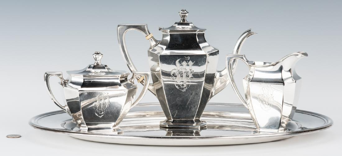 3 Pc. Wallace Sterling Tea Service w/ Silverplate Tray: Wallace sterling silver tea set, Somerset pattern, comprised of a teapot, sugar and creamer, all pieces marked on the bases, together with an oval Wallace silverplate tray, 4 items total. Tea set rang